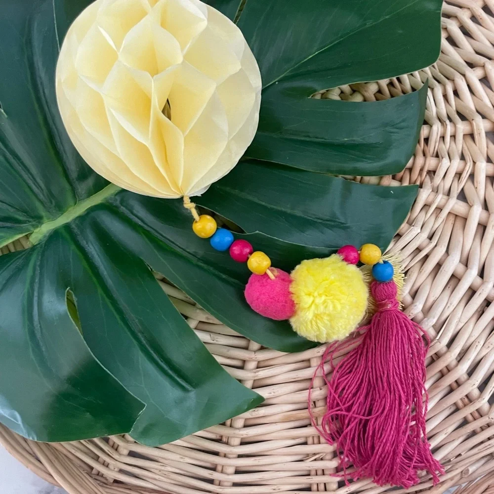 Talking Tables Pom Pom yarn Tassels beads decor set of 4 NWT for car, home, etc.